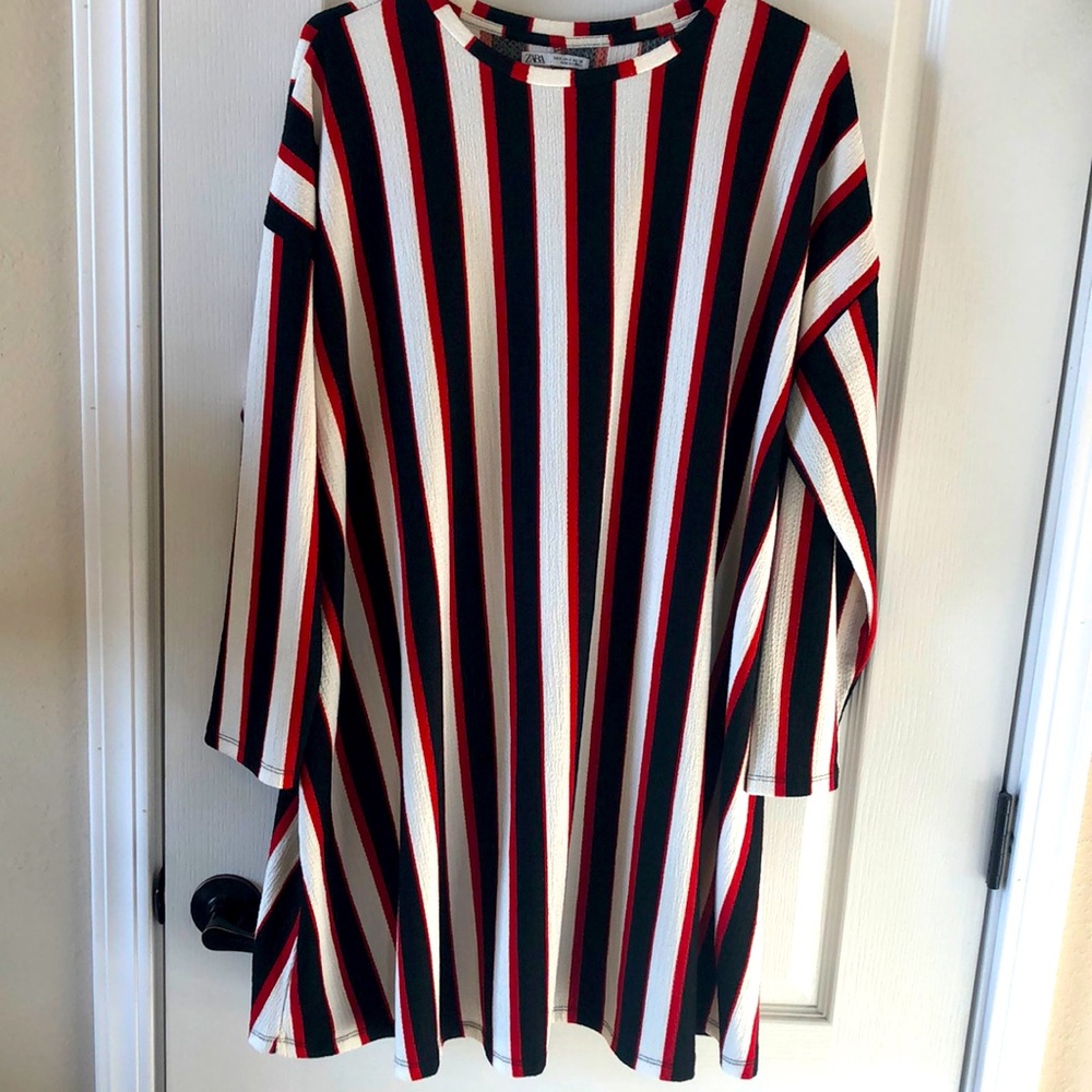 Zara, short dress or top and red, black and white stripes